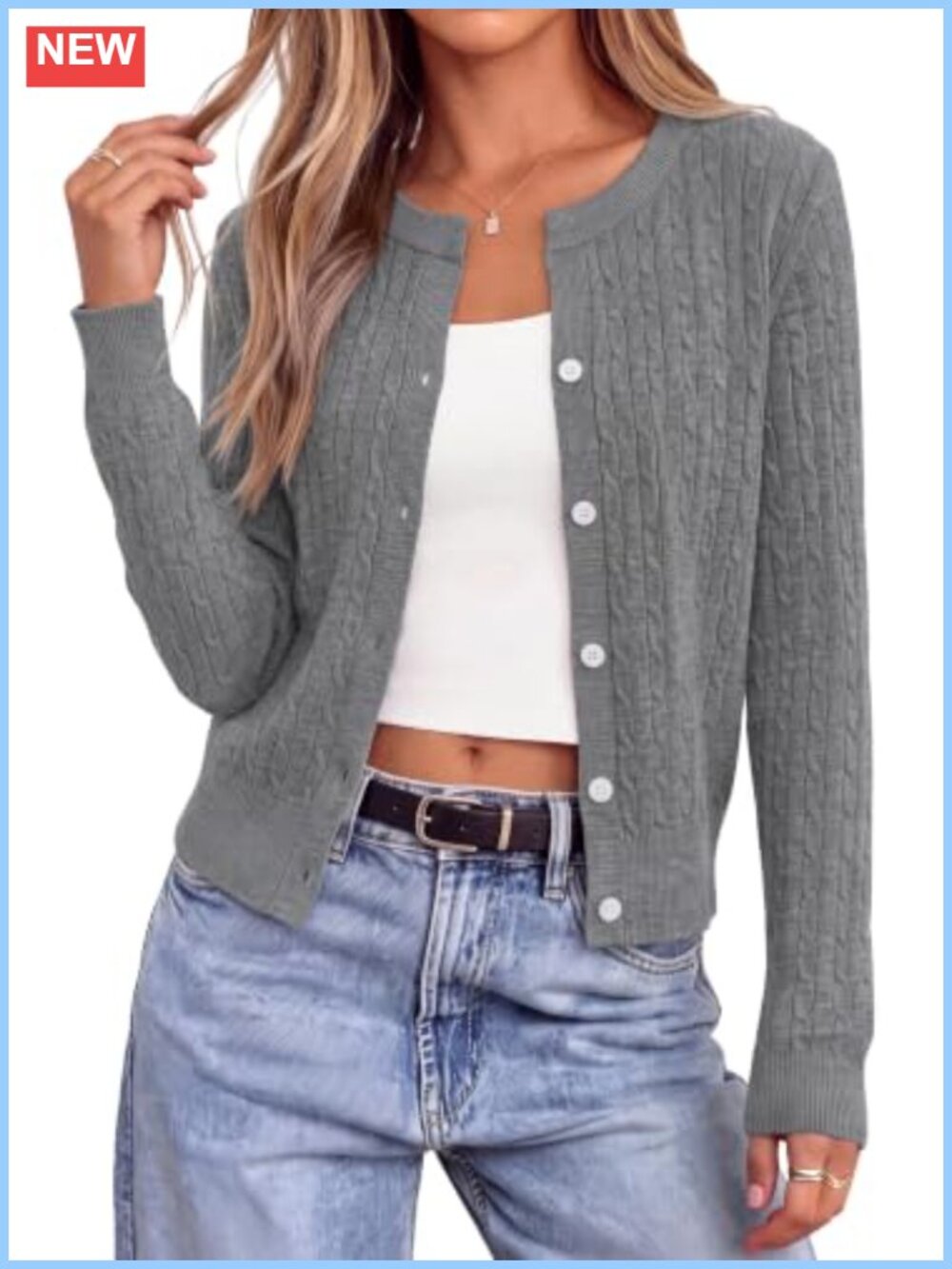 Cable Knit Cropped Cardigan Button Down V Neck Sweater